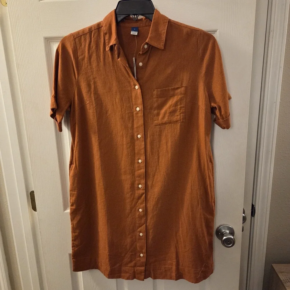Old Navy sz S rust color‎ linen/rayon shirt dress NWT casual everyday minimalist